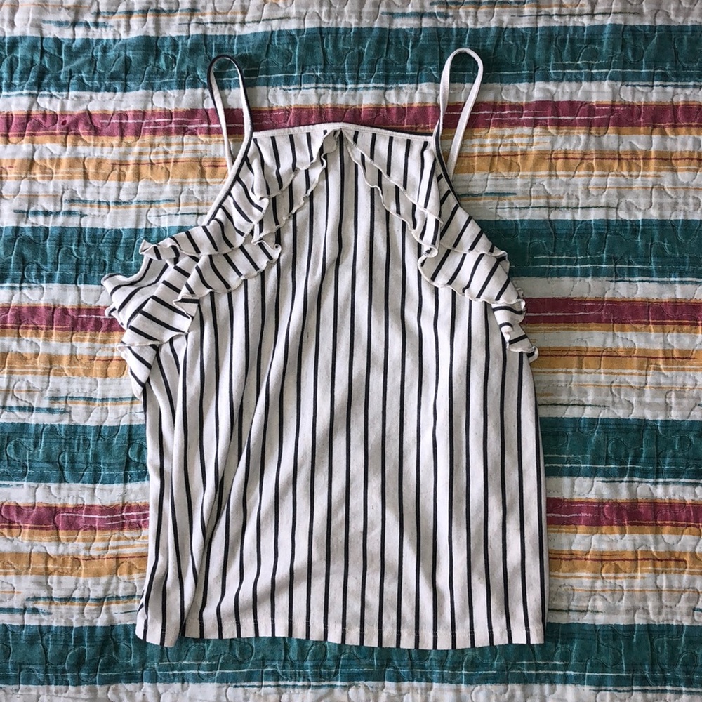 American Eagle White & Grey Striped Ruffle Tank